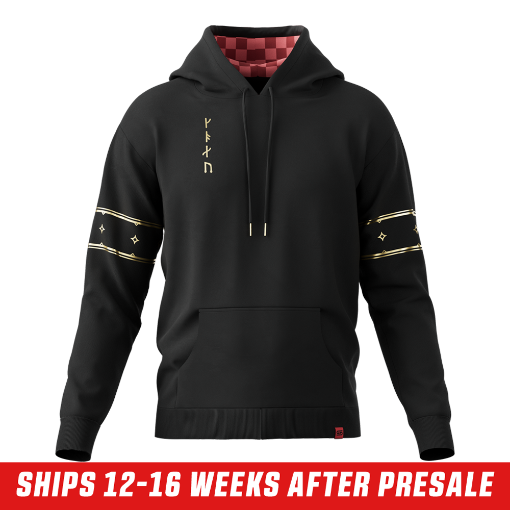 Black hoodie with gold geometric emblem and "MERRYWEATHER" text on back, plus gold decorative bands on sleeves.