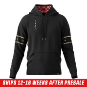 Black hoodie with gold geometric emblem and "MERRYWEATHER" text on back, plus gold decorative bands on sleeves.