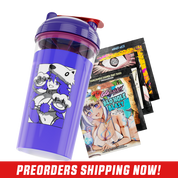 Clear shaker cup with a purple lid, red flip cap, and black stylized logo on the side.