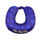 Close-up of a dark blue neck pillow with yellow "Mile High Club" text and subtle patterned design.