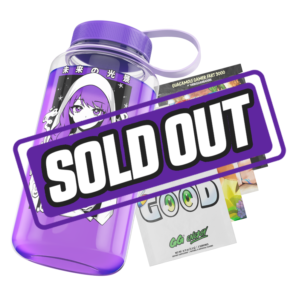 Clear water bottle with purple lid and black-and-white anime girl holding swirling smoke design.