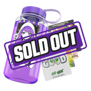 Clear water bottle with purple lid and black-and-white anime girl holding swirling smoke design.