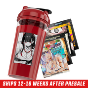 Clear shaker bottle with a red lid featuring an anime girl in fishnet stockings and black outfit on the side.