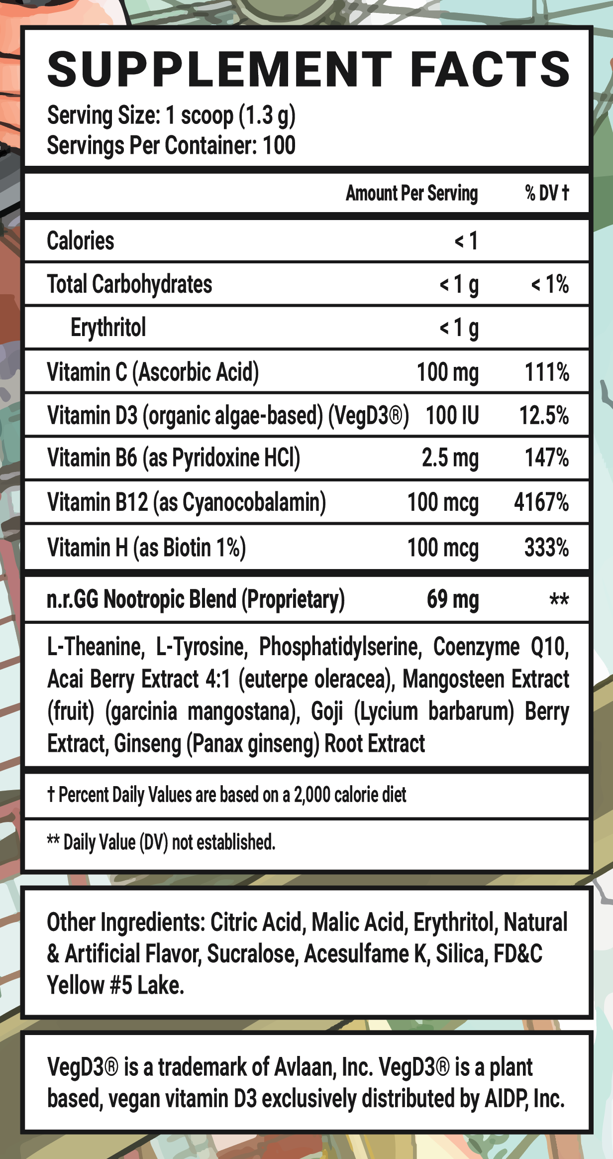 CaseOh's Nuclear Bombsicle Caffeine Free - 100 Servings Nutrition Chart