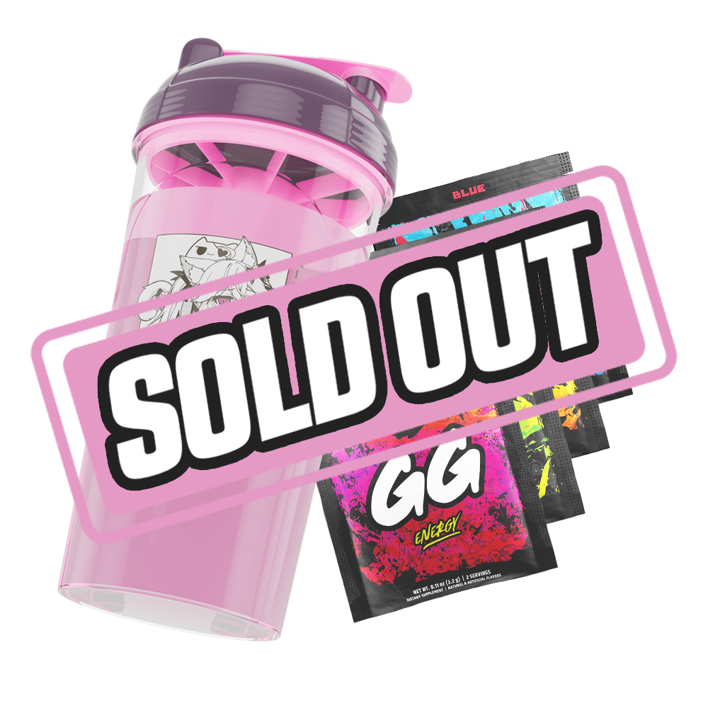 Pink and purple shaker cup featuring a monochrome anime girl with cat ears and four colorful GG Energy drink mix packets.