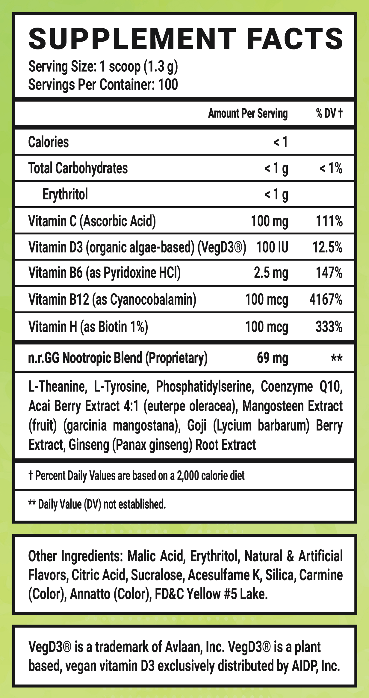 Foxly GG by FoxyReine Caffeine Free - 100 Servings Nutrition Chart