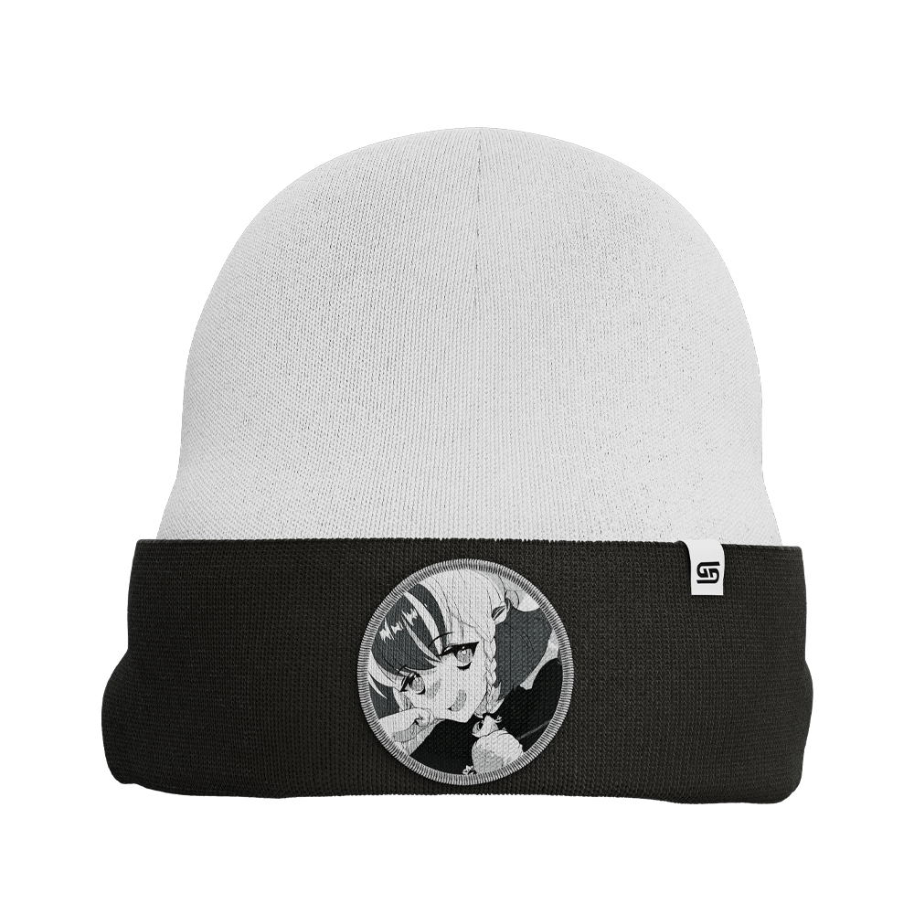 White and black beanie with a folded brim featuring a grayscale anime girl patch on the front.