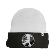 White and black beanie with a folded brim featuring a grayscale anime girl patch on the front.