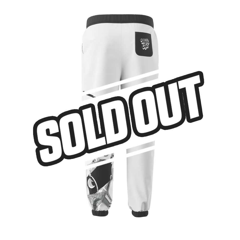 White sweatpants with black elastic waistband and cuffs, black back pocket with white logo.