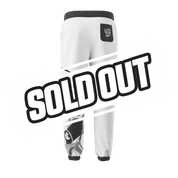 White sweatpants with black elastic waistband and cuffs, black back pocket with white logo.