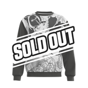 White sweatshirt back with black sleeves and Japanese characters printed at the top center.