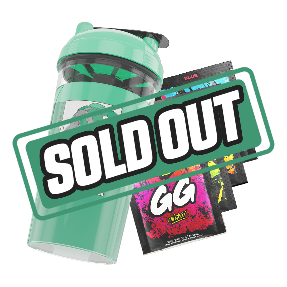 Green shaker cup with anime character wearing a plague doctor mask and green hair beside colorful energy drink packets.