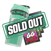 Green shaker cup with anime character wearing a plague doctor mask and green hair beside colorful energy drink packets.