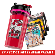 Clear shaker cup with black and pink lid featuring a black-and-white anime-style woman with horns and flames design