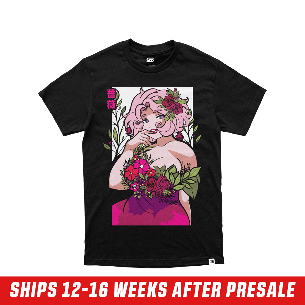 Black shirt with colorful anime-style woman with horns, fiery dress, and Japanese text on the back.