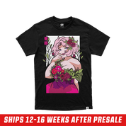 Black shirt with colorful anime-style woman with horns, fiery dress, and Japanese text on the back.