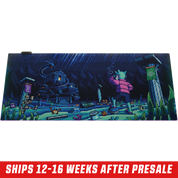 Pixel art style RGB mouse pad with a night scene of a character in a pink jacket near a dark mansion and pillars.