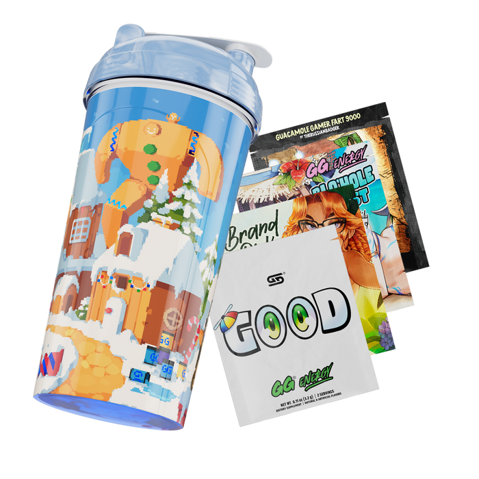Blue pixel art cup with a snowy winter scene, gingerbread characters, a snowman, and a TNT barrel.