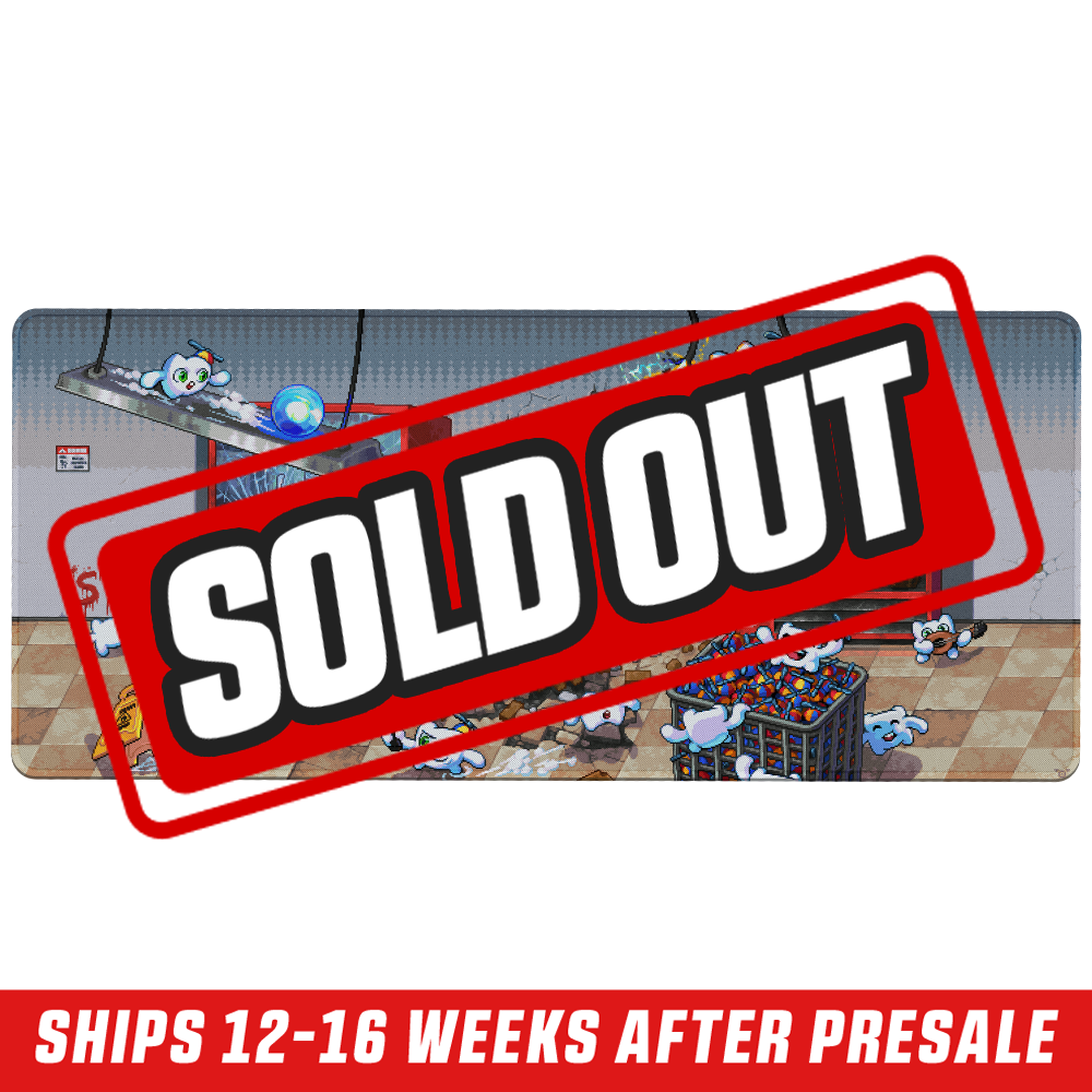 Extended mouse pad with a chaotic scene of white cartoon characters causing havoc in a broken vending machine area.