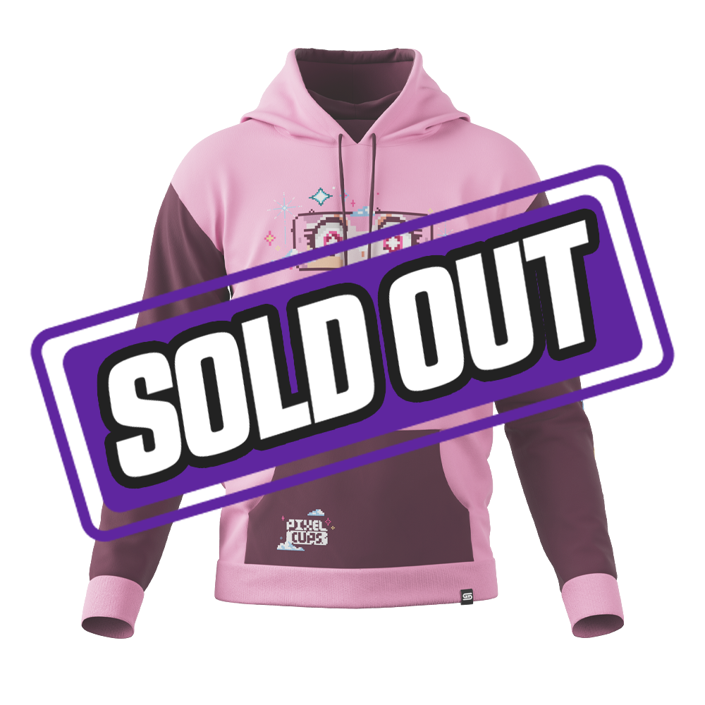 Pink hoodie with dark maroon sleeves and a front pocket featuring a small patch logo.