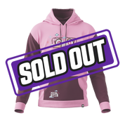 Pink hoodie with dark maroon sleeves and a front pocket featuring a small patch logo.