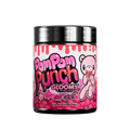 Black and pink supplement container with detailed nutritional facts and warning labels on the back side.