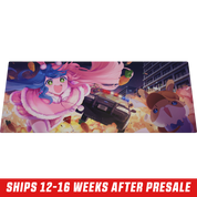 Mouse pad featuring a colorful anime girl with blue and pink hair wearing a pink fur-trimmed outfit on a wooden desk.