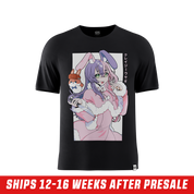 Black shirt with anime-style pink-haired bunny girl in handcuffs held by two police officers on the back