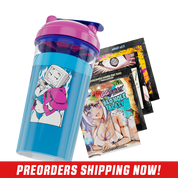 Clear plastic shaker cup with a pink lid, blue flip cap, and bold black and white logo on the side.