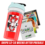 Red translucent shaker cup with a blue lid featuring a red-haired anime girl in a bikini and fishnet stockings design.