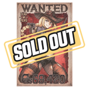Blonde cowgirl with braided hair, red plaid crop top, dual pistols, and chaps on a red "WANTED" poster background.