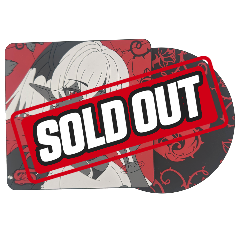 Round black coaster with a bold red rose and thorny vine design centered on the surface.