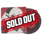 Round black coaster with a bold red rose and thorny vine design centered on the surface.