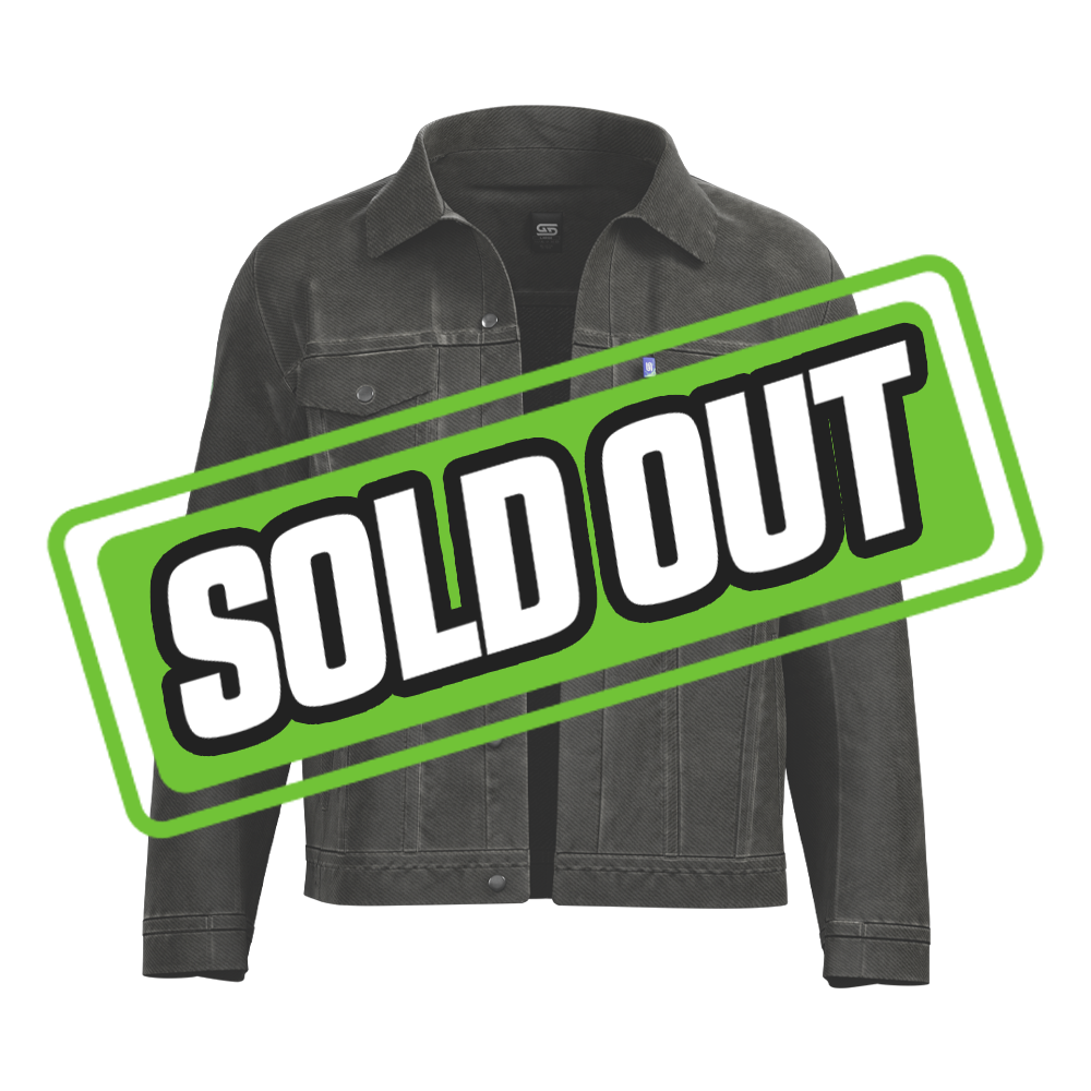 Black denim jacket with light green Japanese-style lettering down the right sleeve and buttoned chest pockets.