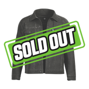 Black denim jacket with light green Japanese-style lettering down the right sleeve and buttoned chest pockets.