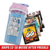 Clear shaker cup with pink lid and black-and-white anime girls in bikinis printed on the side