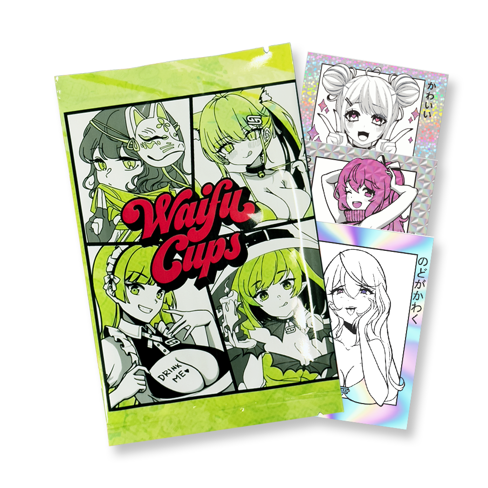 Three green-themed sticker packs featuring anime-style female characters with yellow-green hair and fox masks.
