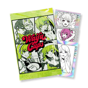 Three green-themed sticker packs featuring anime-style female characters with yellow-green hair and fox masks.