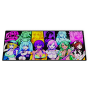 Large rectangular mouse pad with colorful anime-style female characters arranged in a rainbow gradient on a wooden desk.