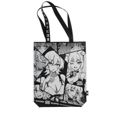 Black and white tote bag with five anime-style female characters and black handles with white Japanese text.