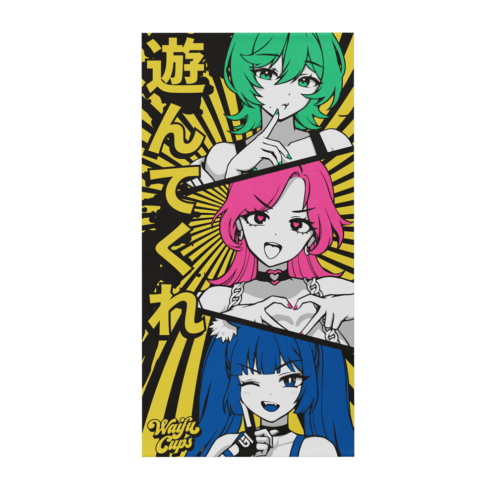 Beach towel featuring three anime-style girls with green, pink, and blue hair on a yellow and gray background.