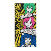 Beach towel featuring three anime-style girls with green, pink, and blue hair on a yellow and gray background.