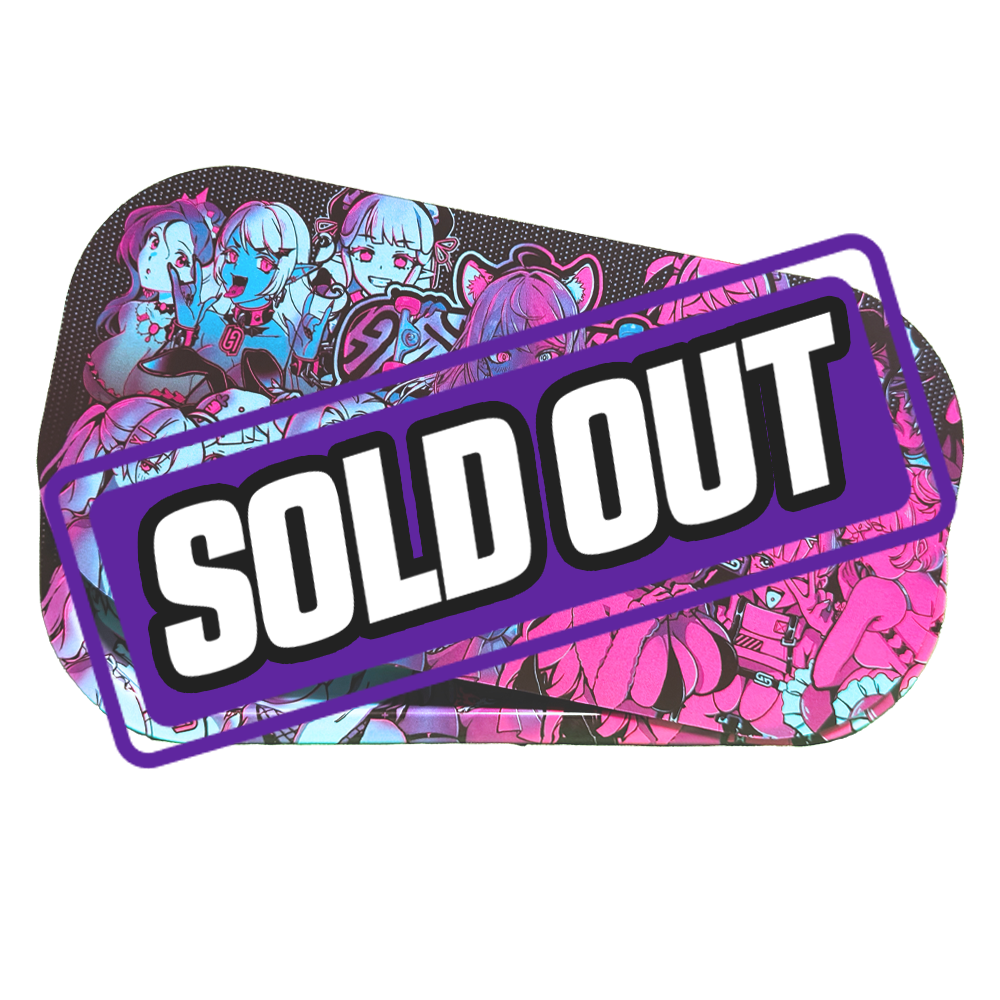 Rectangular tray with vibrant pink and blue anime-style female characters in various poses and expressions.