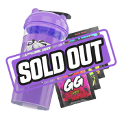Clear shaker bottle with a purple lid and black flip cap, featuring a bold black stylized "GD" logo on the side.