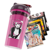 Clear shaker cup with dark purple lid and black-and-white anime girl graphic wearing a skull jacket and fishnet stockings