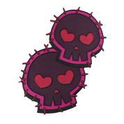 Two overlapping dark purple skulls with pink heart-shaped eyes and bright pink stitched borders on black background