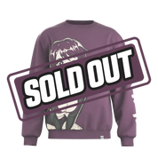 Purple sweater with white stylized logo on upper back and white Japanese characters running down the right sleeve.