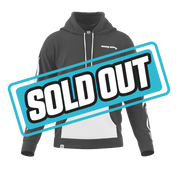 Black hoodie with four blue and white anime girl panels on the back and white accents on the hood and sleeves.