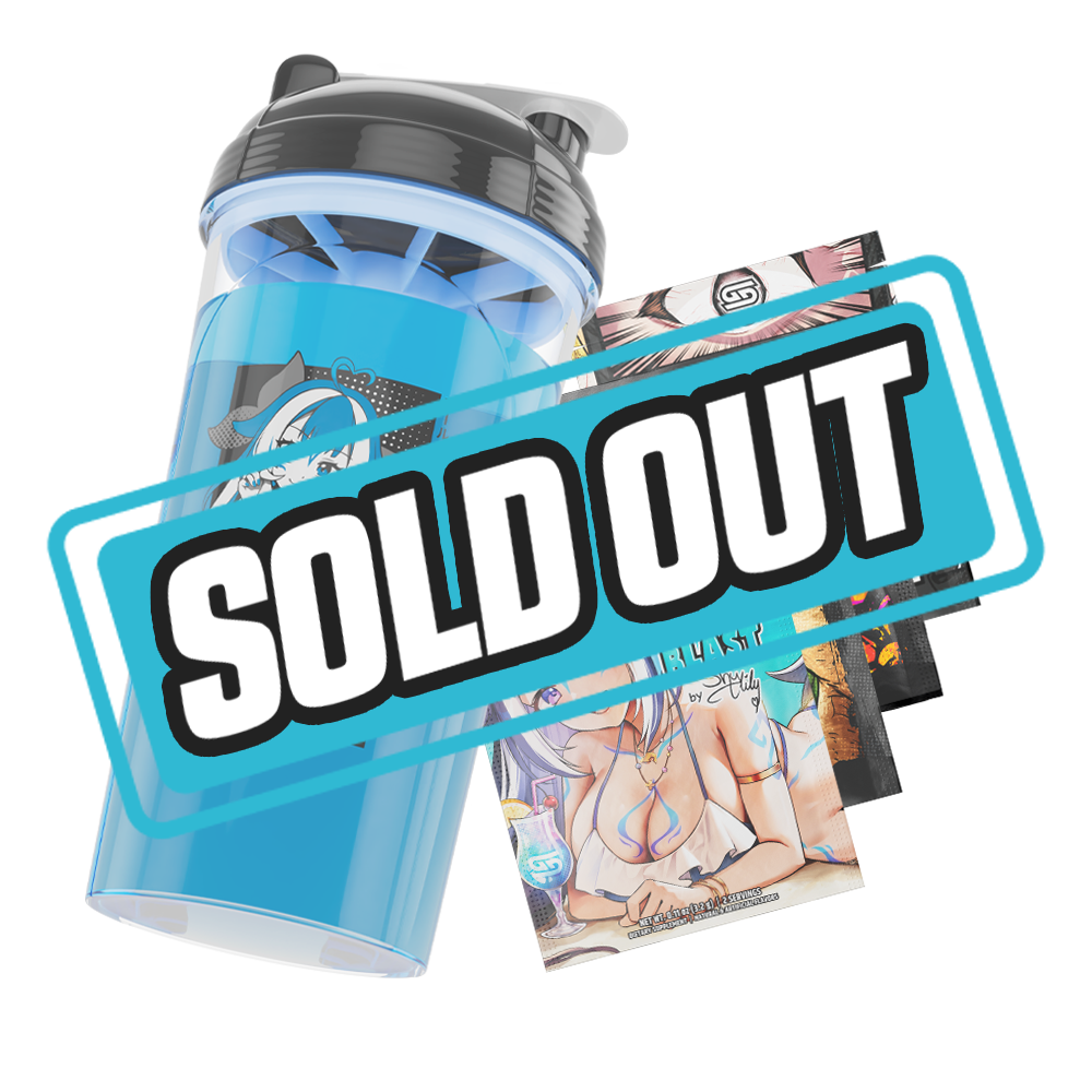 Clear shaker cup with black lid and blue mixing blade, featuring black and white anime girl illustration with Japanese text.