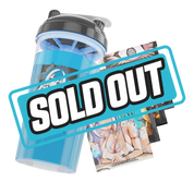 Clear shaker cup with black lid and blue mixing blade, featuring black and white anime girl illustration with Japanese text.